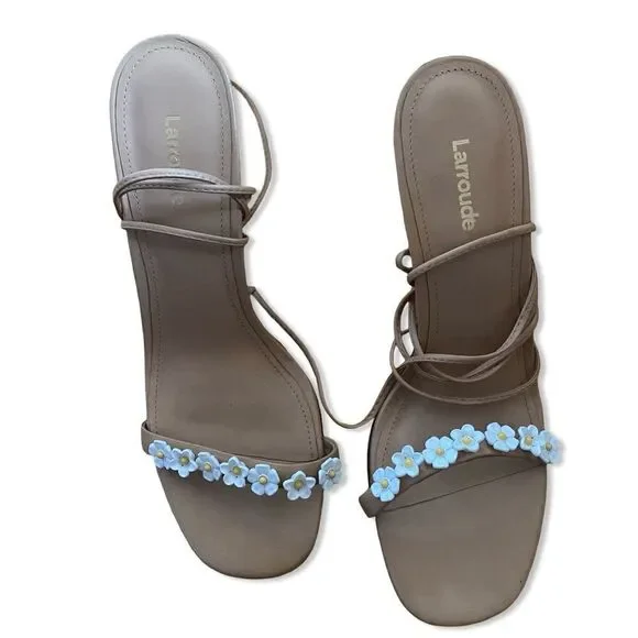 Larroude Goldie Sandals high heels shoes Tan Leather lace up flowers Sz 8.5 - Picture 12 of 15